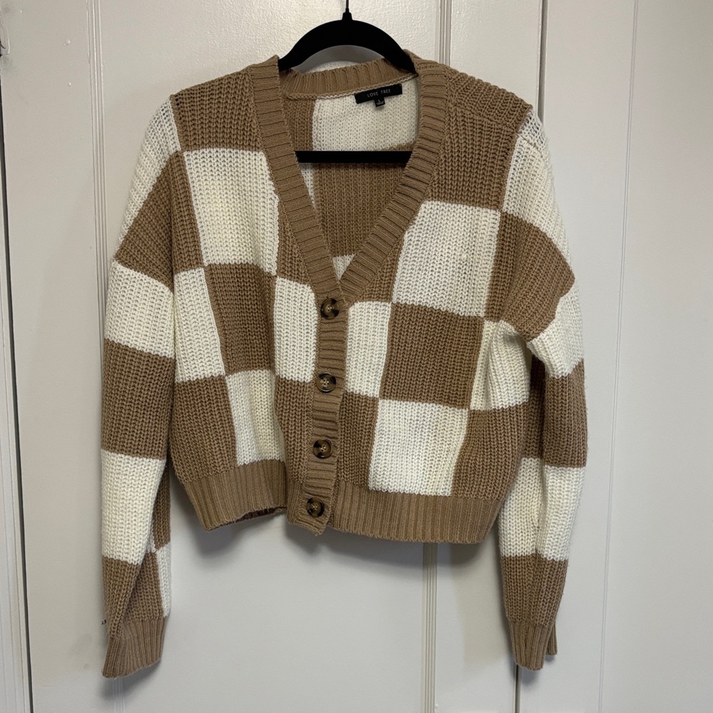 Love Tree Tan and White Checkered Cardigan
